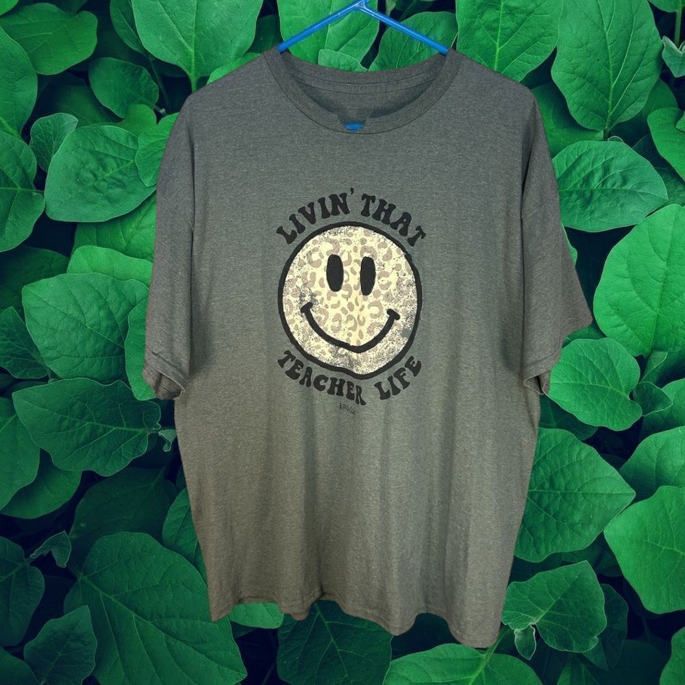 5 for $25🔥Cheetah‎ Print Smiley Face "Livin' That Teacher Life" T-Shirt 2X